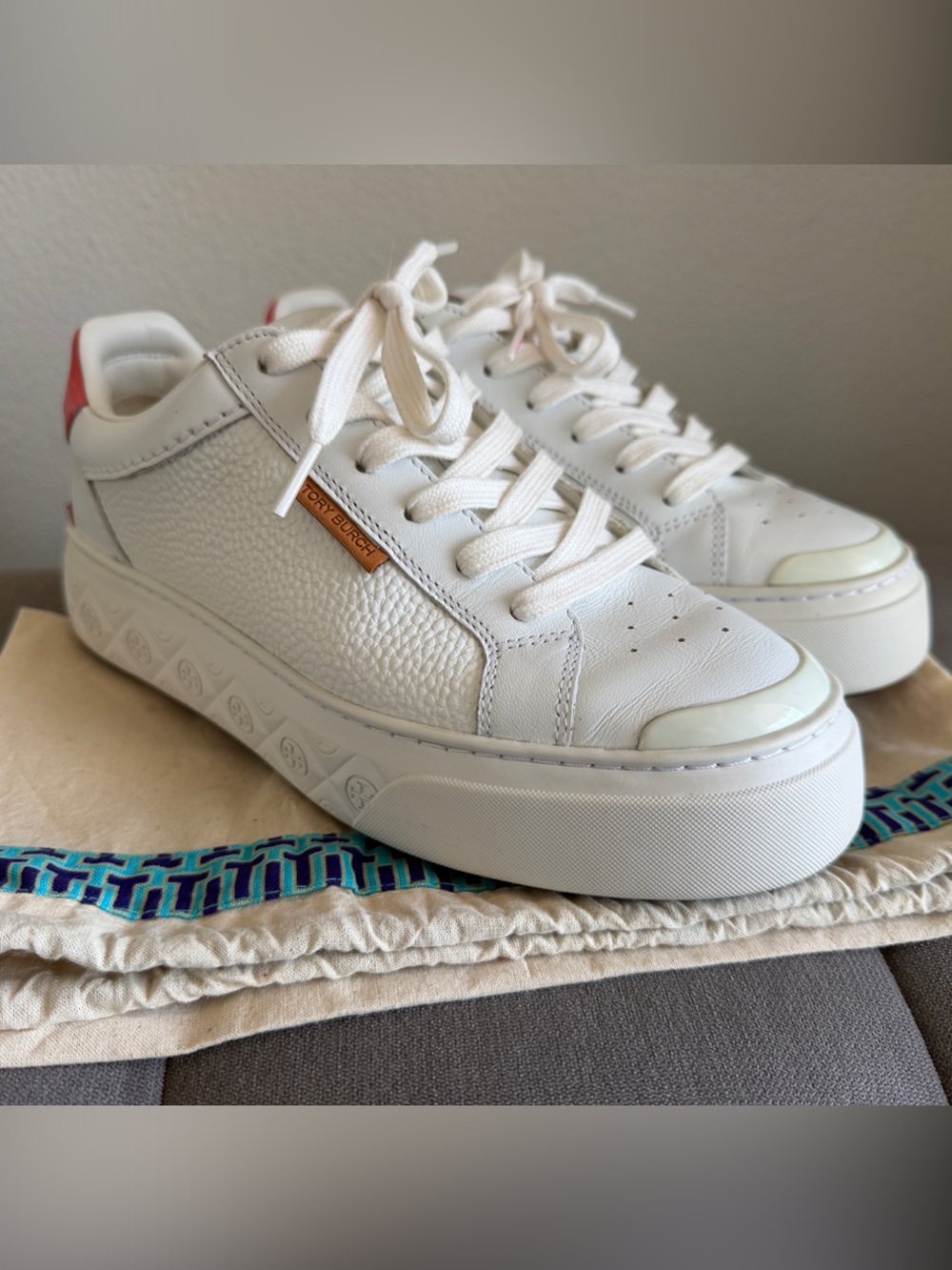 Tory Burch White Leather Ladybug Sneaker with Coral Crush Heel Tab - Picture 2 of 8